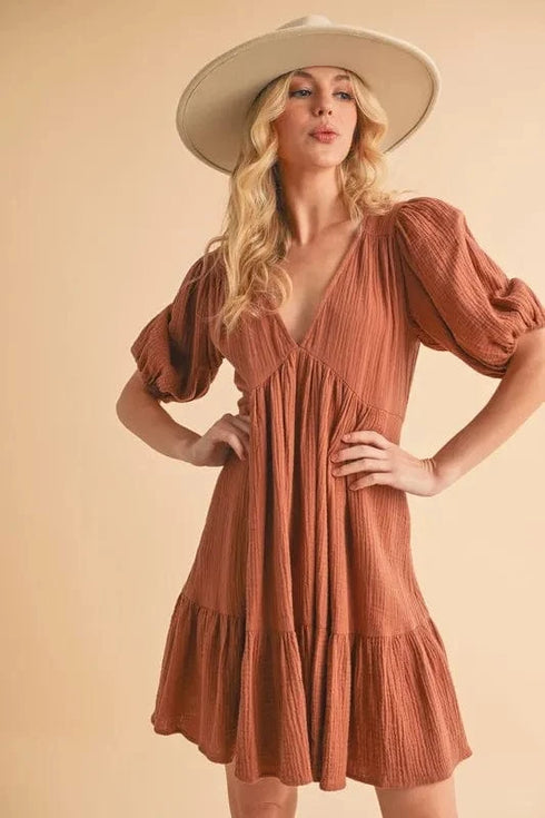 Aemi+Co Tied Back Ruffled Short Sleeve Mini Dress TERRACOTTA - Fashorio