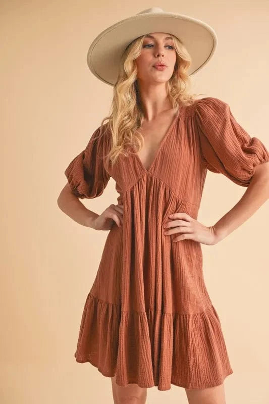 Aemi+Co Tied Back Ruffled Short Sleeve Mini Dress TERRACOTTA - Fashorio