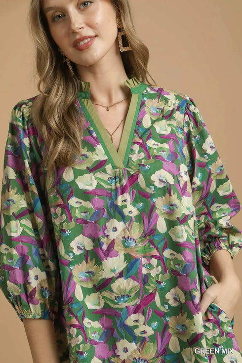 Umgee Boho Floral Balloon Sleeve Mini Dress - Fashorio