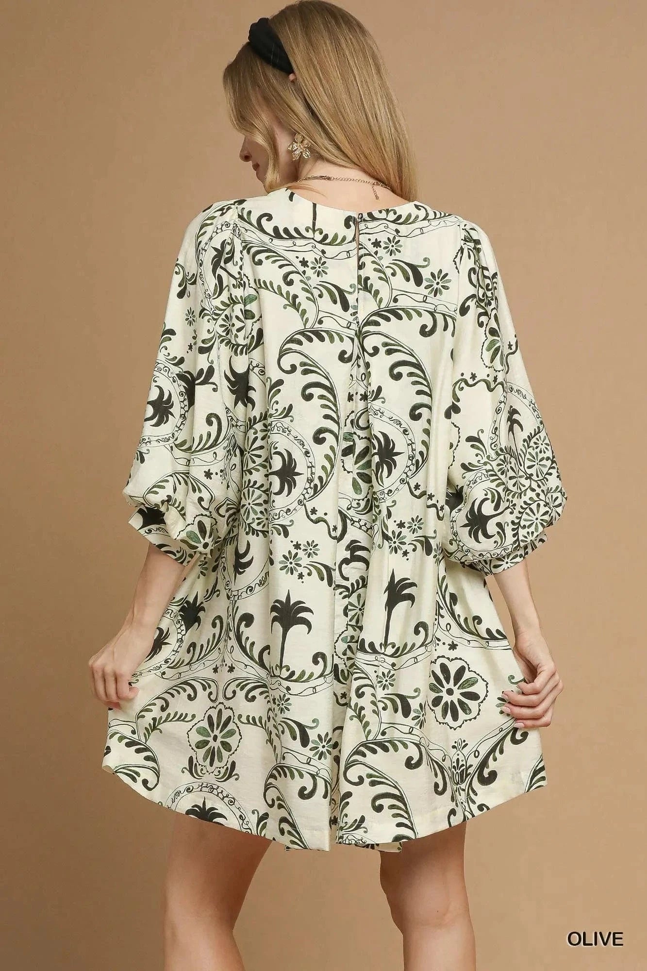 Umgee Boho Printed Balloon Sleeve Mini Dress - Fashorio