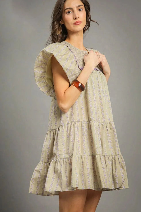 Umgee Floral Ruffled Cap Sleeve Tiered Mini Dress - Fashorio