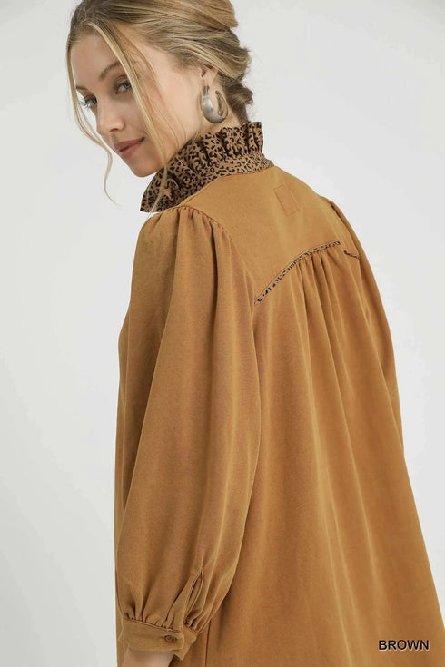 Umgee French Terry Balloon Sleeve Shift Dress with Leopard Print Detail - Fashorio