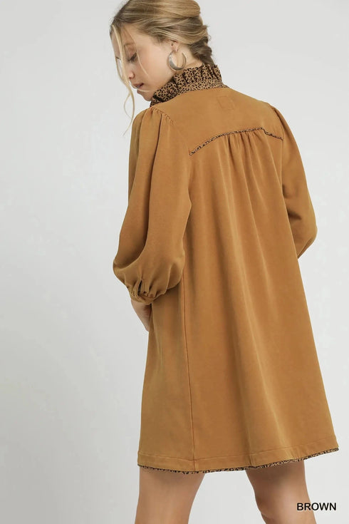 Umgee French Terry Balloon Sleeve Shift Dress with Leopard Print Detail - Fashorio