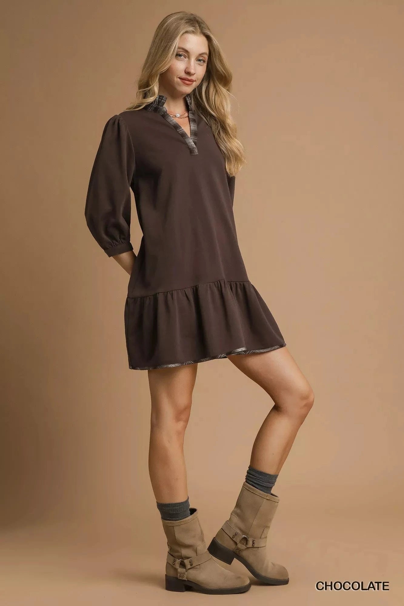 Umgee French Terry Ruffle Hem Dress with Plaid Trim - Fashorio
