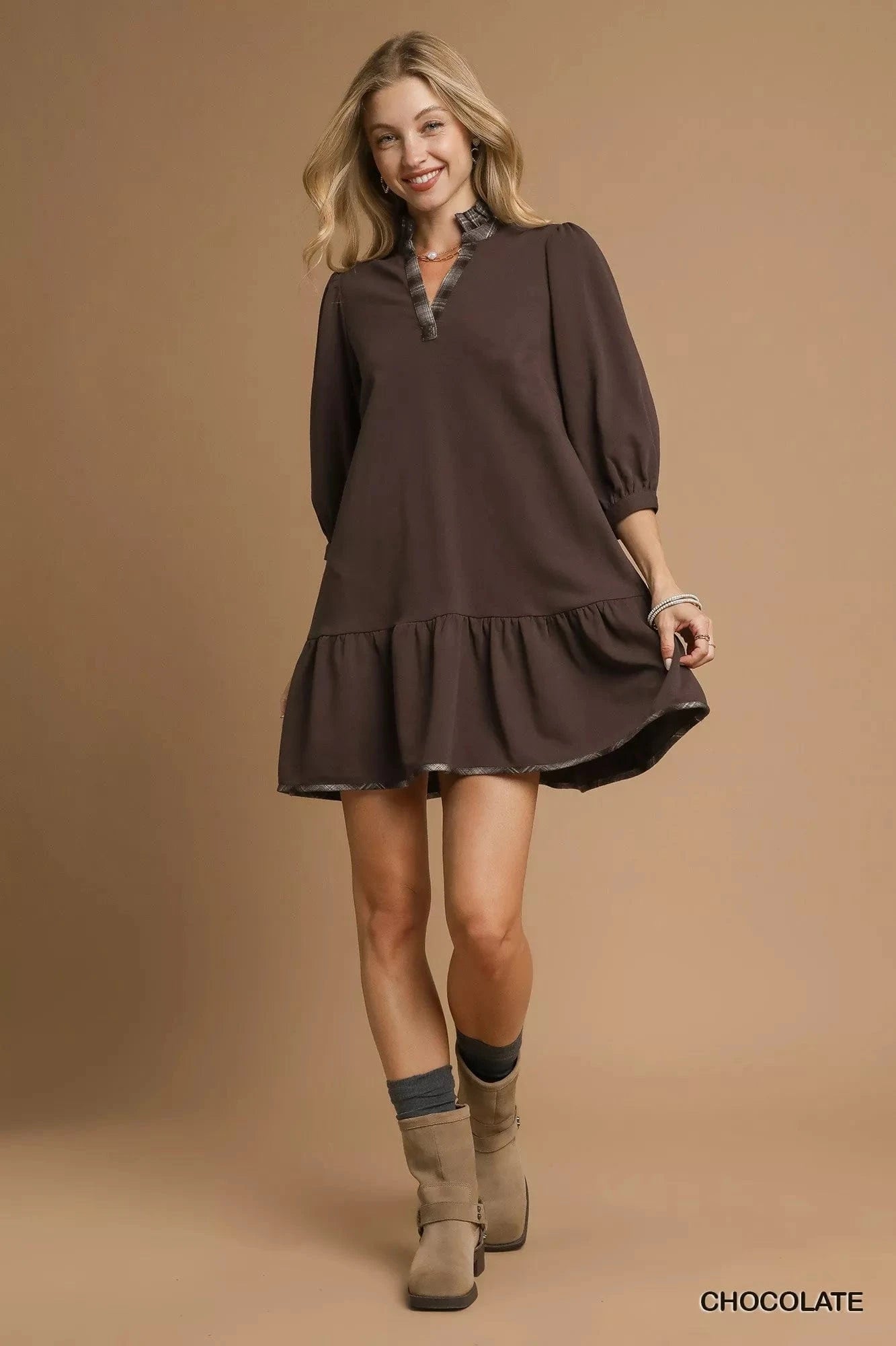Umgee French Terry Ruffle Hem Dress with Plaid Trim - Fashorio