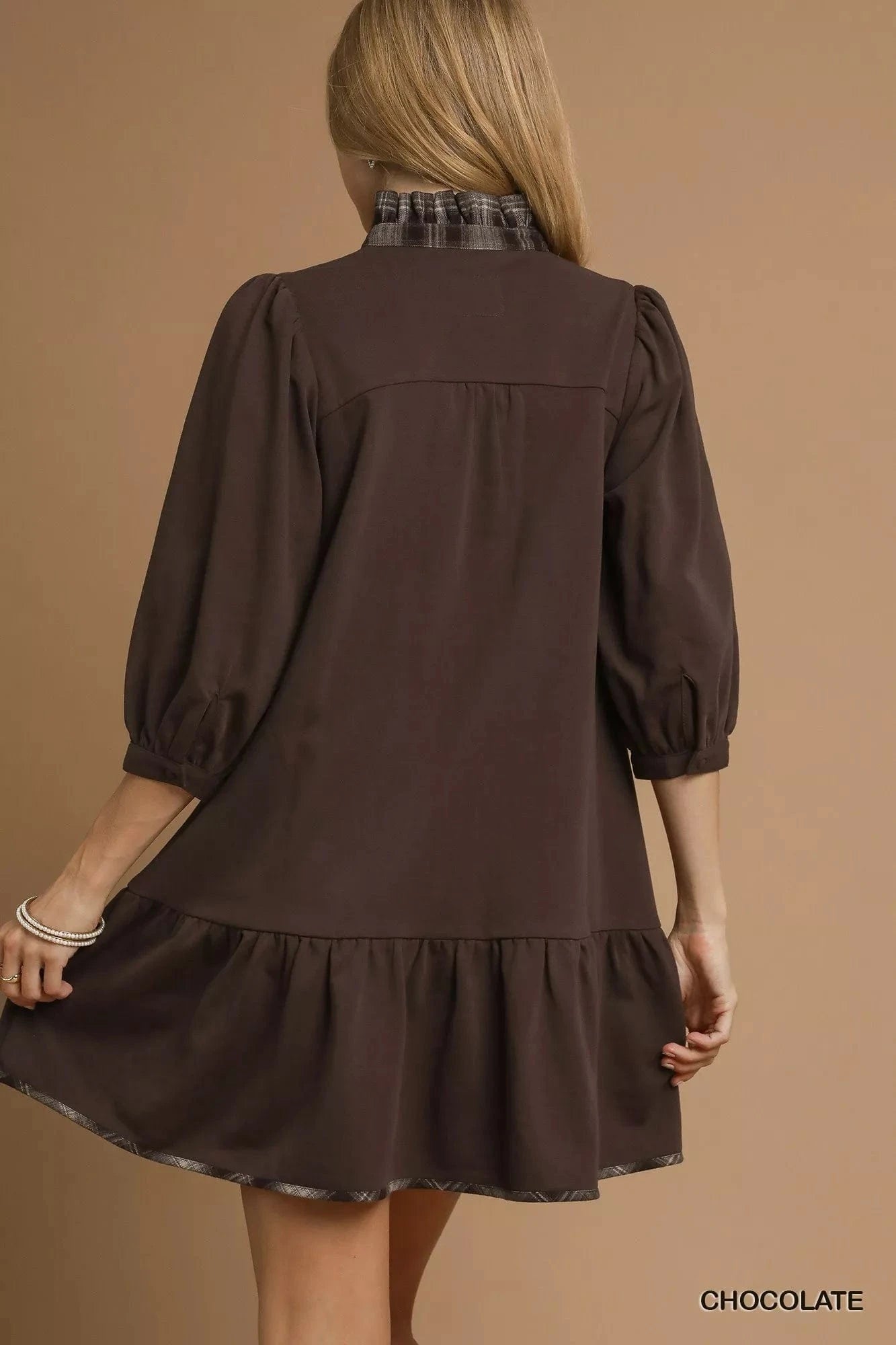Umgee French Terry Ruffle Hem Dress with Plaid Trim - Fashorio