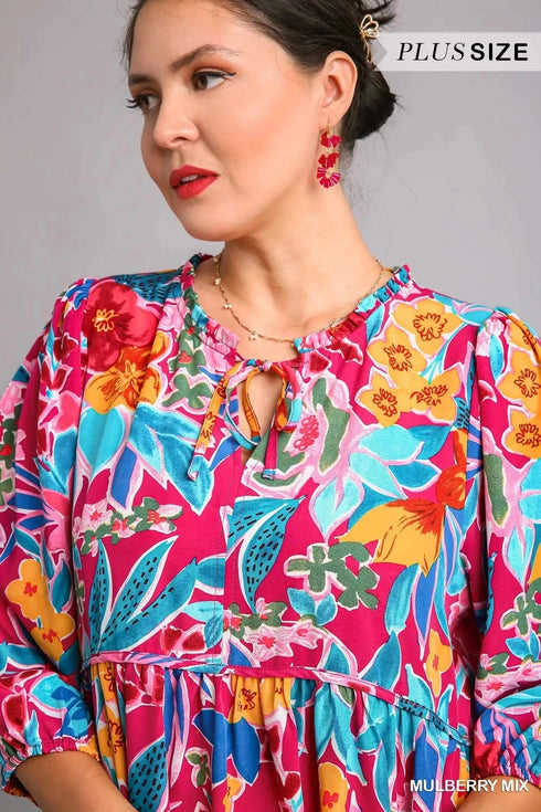 Umgee Full Size Floral Print Tie Neck Midi Dress with Pockets Plus Size - Fashorio