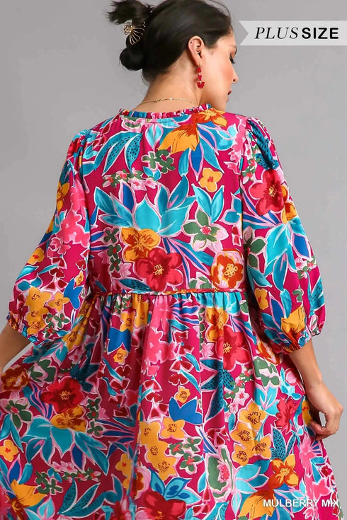 Umgee Full Size Floral Print Tie Neck Midi Dress with Pockets Plus Size - Fashorio