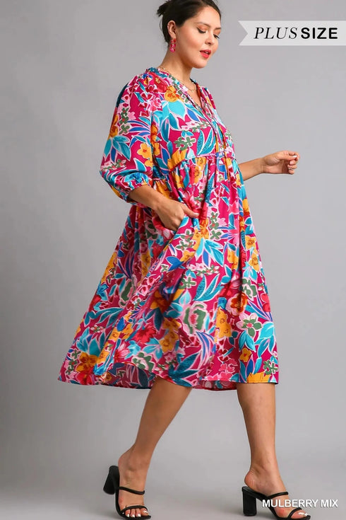 Umgee Full Size Floral Print Tie Neck Midi Dress with Pockets Plus Size - Fashorio
