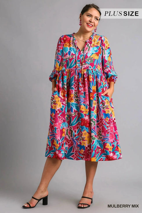 Umgee Full Size Floral Print Tie Neck Midi Dress with Pockets Plus Size - Fashorio