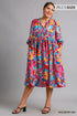 Umgee Full Size Floral Print Tie Neck Midi Dress with Pockets Plus Size - Fashorio