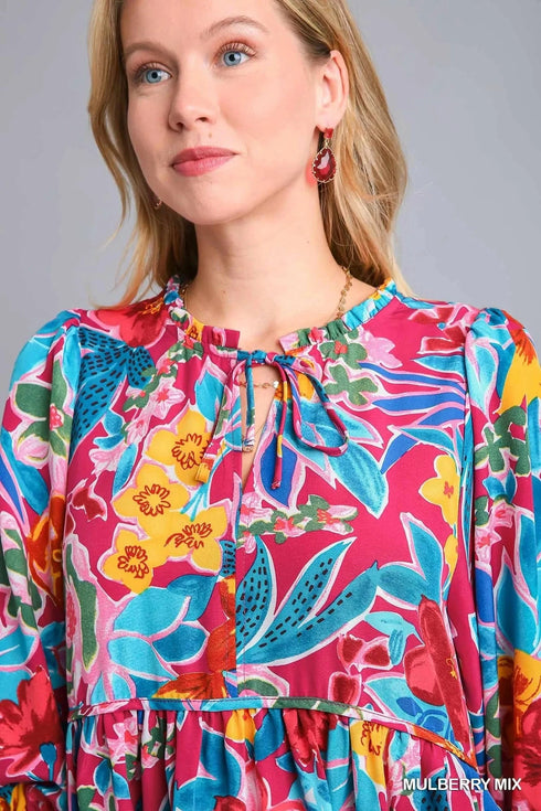 Umgee Full Size Floral Print Tie Neck Midi Dress with Pockets Plus Size - Fashorio