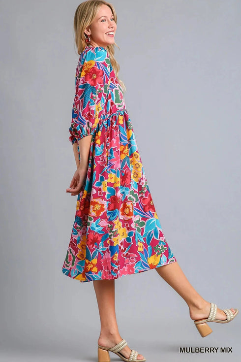 Umgee Full Size Floral Print Tie Neck Midi Dress with Pockets Plus Size - Fashorio