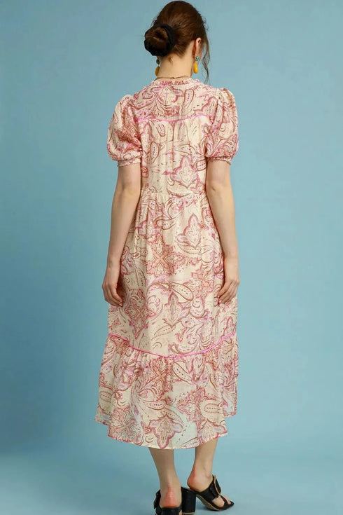 Umgee Full Size Printed Puff Short Sleeve Midi Dress Plus Size - Fashorio