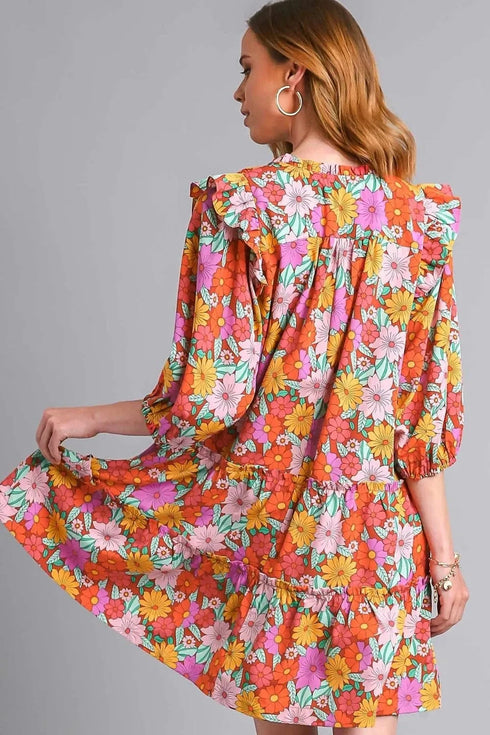 Umgee Full Size Ruffled Flower Print Tie Neck Tiered Dress Plus Size - Fashorio