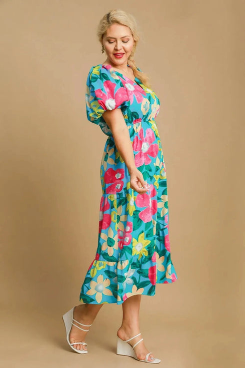 Umgee Full Size Tiered Floral Print Notched Puff Sleeve Midi Dress Plus Size - Fashorio