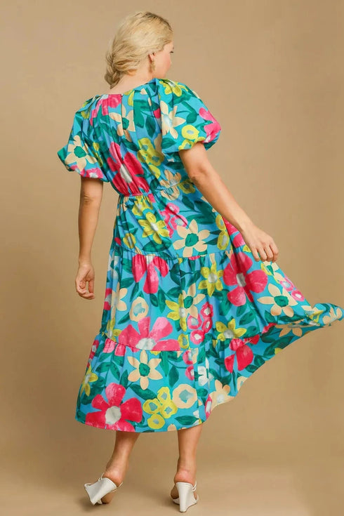Umgee Full Size Tiered Floral Print Notched Puff Sleeve Midi Dress Plus Size - Fashorio