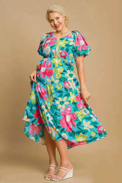 Umgee Full Size Tiered Floral Print Notched Puff Sleeve Midi Dress Plus Size - Fashorio