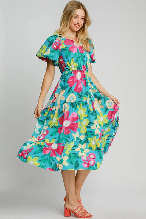 Umgee Full Size Tiered Floral Print Notched Puff Sleeve Midi Dress Plus Size - Fashorio