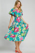 Umgee Full Size Tiered Floral Print Notched Puff Sleeve Midi Dress Plus Size - Fashorio