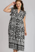 Umgee Full Size Two Tone Border Print Ruffle Cap Sleeve Midi Dress Plus Size - Fashorio
