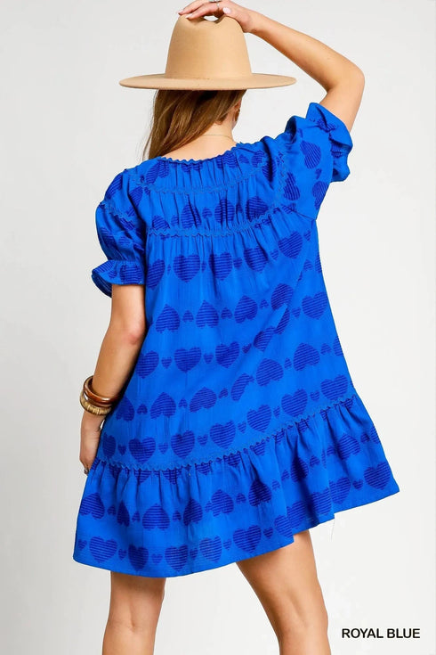 Umgee Heart Pattern Short Sleeve Ruffle Babydoll Dress - Fashorio