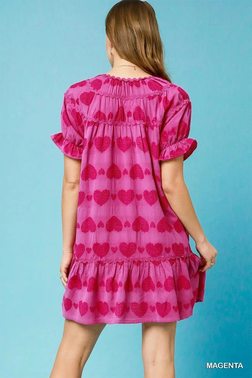 Umgee Heart Pattern Short Sleeve Ruffle Babydoll Dress - Fashorio