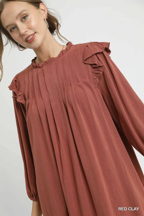 Umgee Linen Ruffle Shoulder Pleated Babydoll Dress - Fashorio