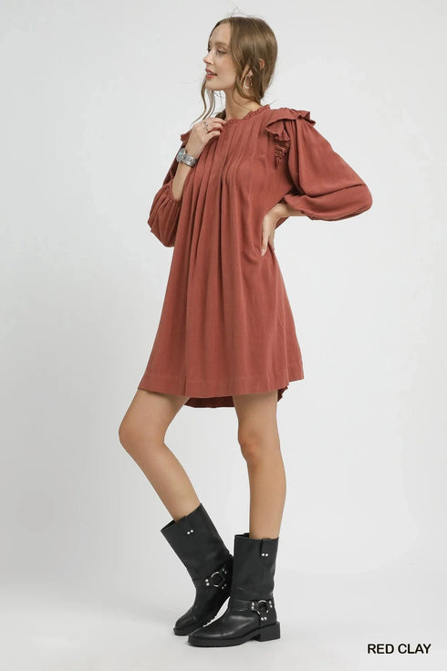 Umgee Linen Ruffle Shoulder Pleated Babydoll Dress - Fashorio