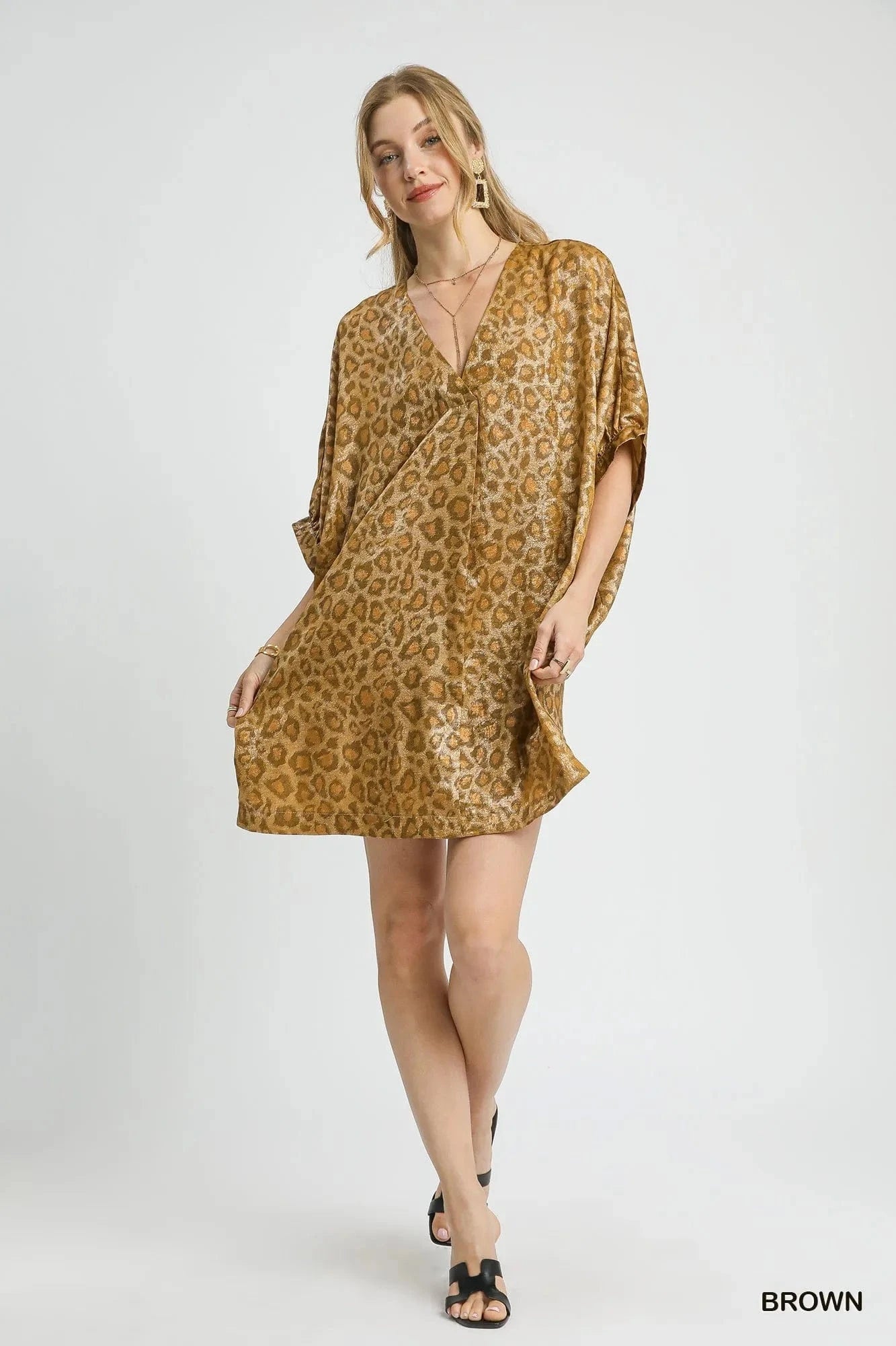 Umgee Metallic Leopard Print V-Neck Kimono Dress - Fashorio