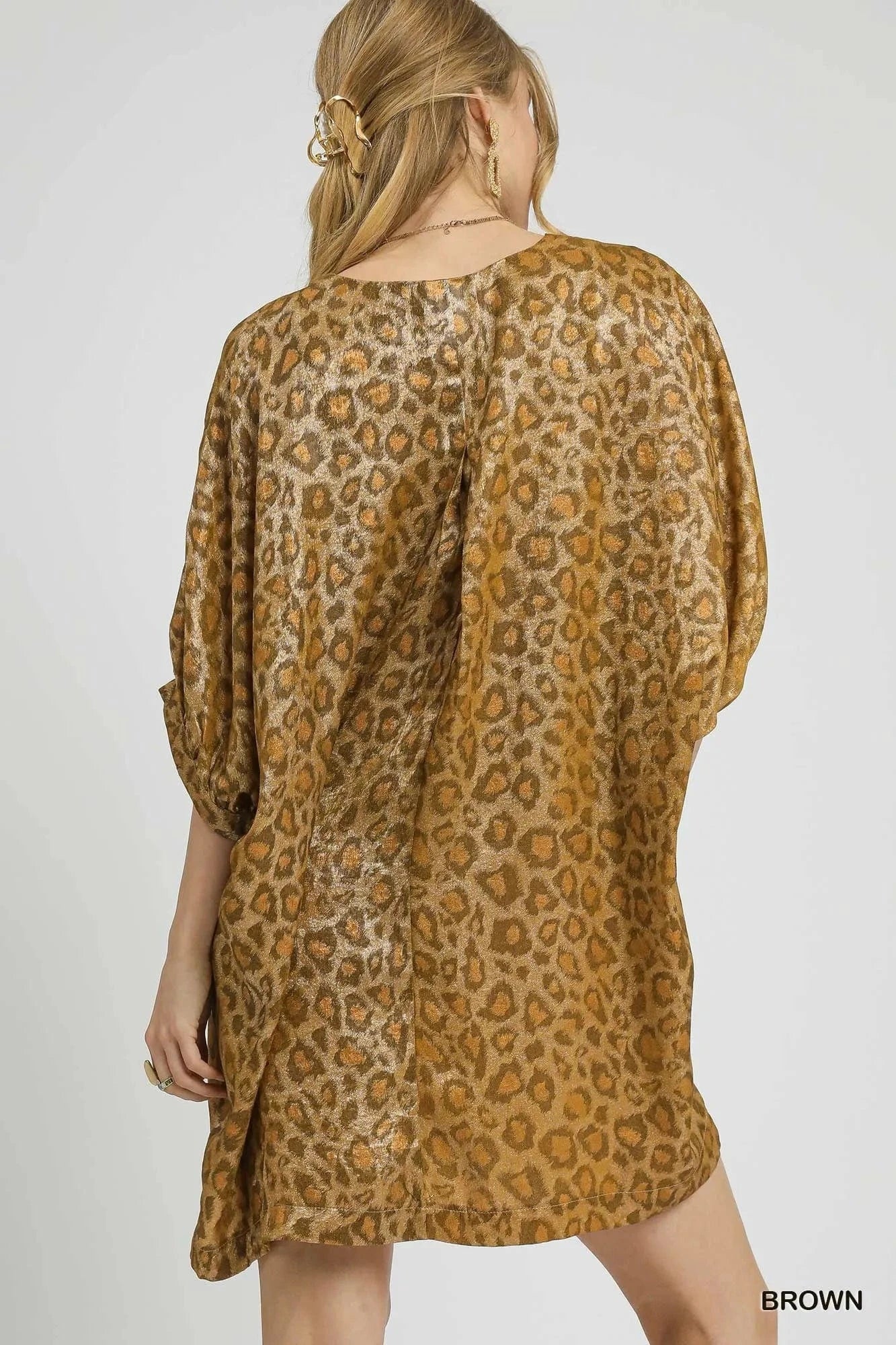 Umgee Metallic Leopard Print V-Neck Kimono Dress - Fashorio