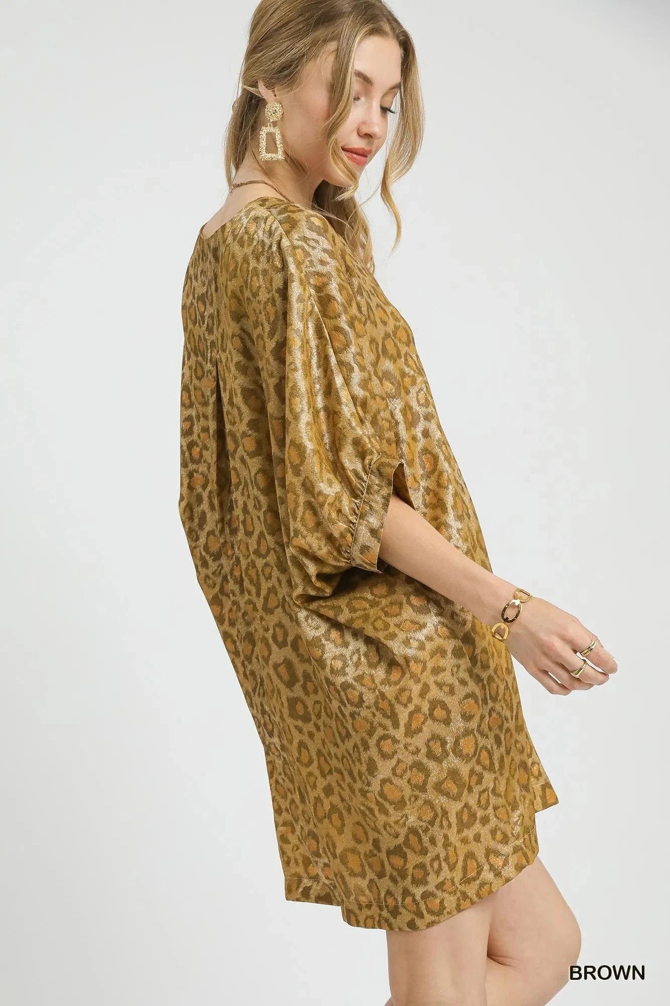 Umgee Metallic Leopard Print V-Neck Kimono Dress - Fashorio