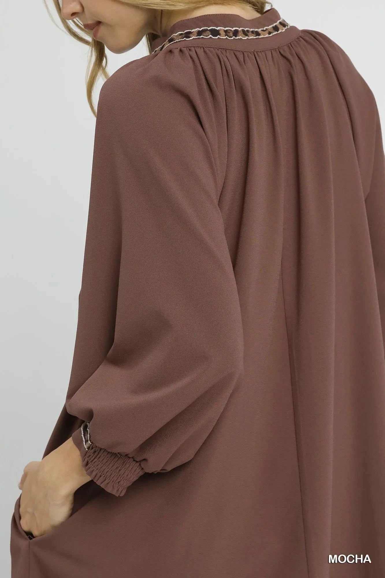Umgee Notched Shift Dress with Trim Detail - Fashorio