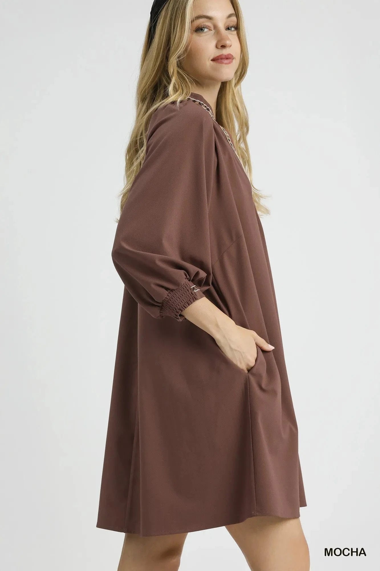 Umgee Notched Shift Dress with Trim Detail - Fashorio