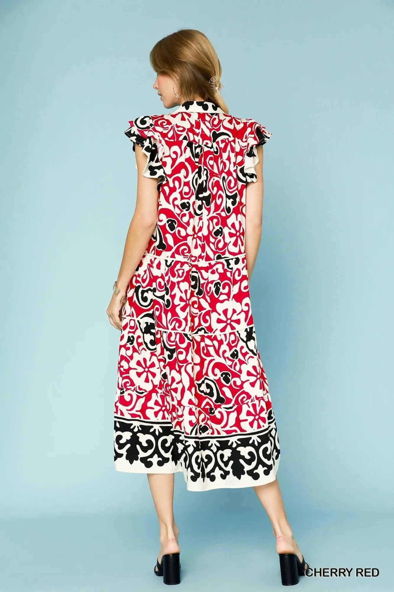Umgee Printed Ruffled Cap Sleeve Midi Dress - Fashorio
