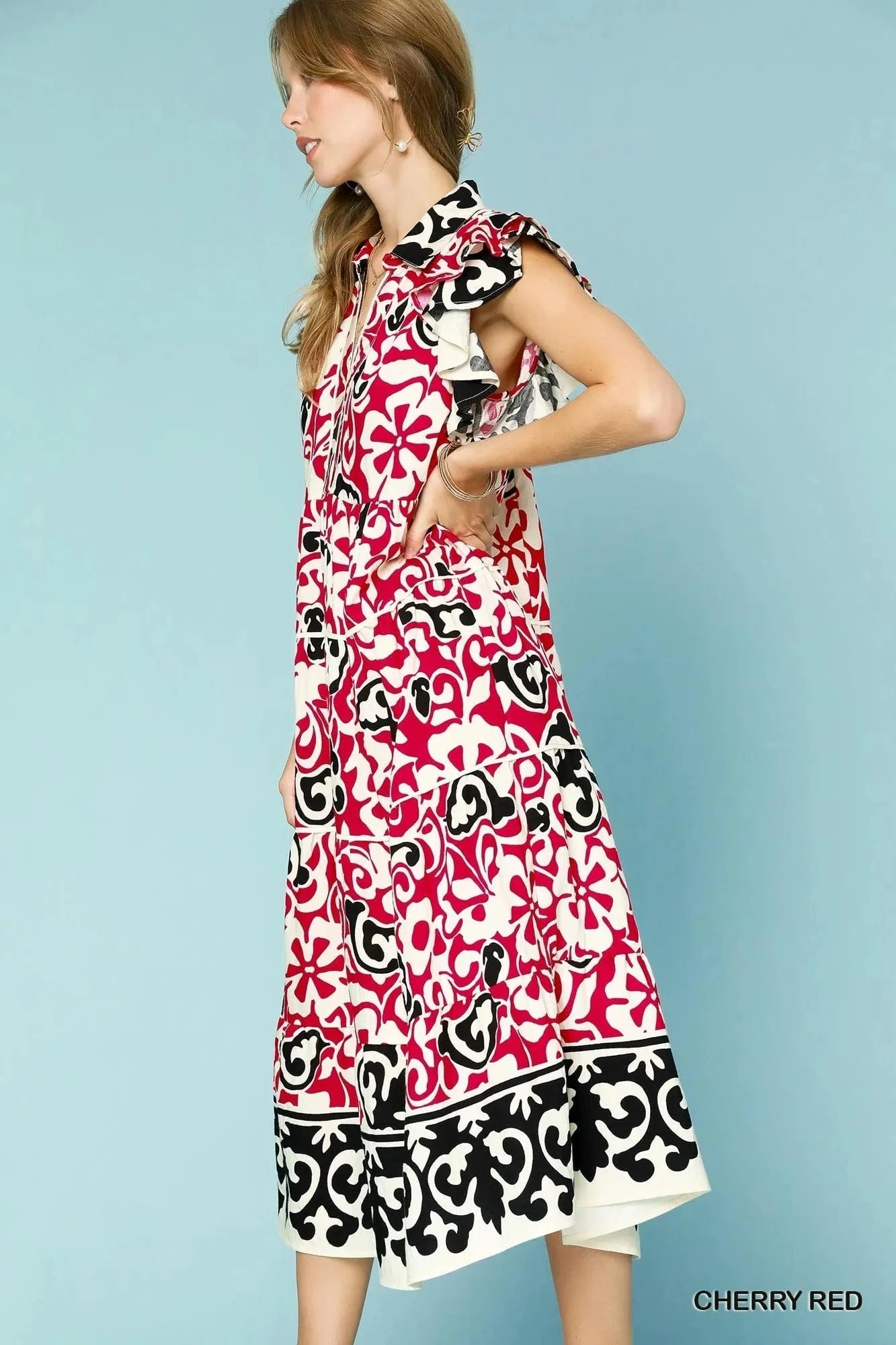 Umgee Printed Ruffled Cap Sleeve Midi Dress - Fashorio