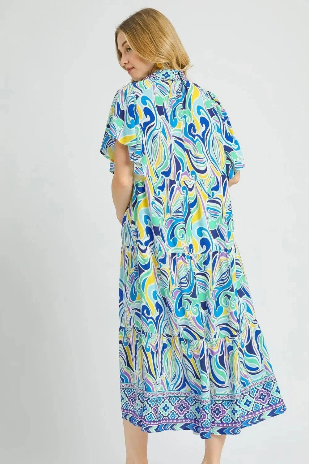 Umgee Printed Short Sleeve Tiered Midi Dress - Fashorio