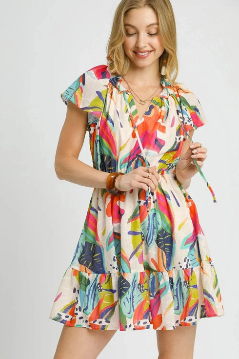Umgee Printed Tie Neck Ruffled Hem Dress - Fashorio