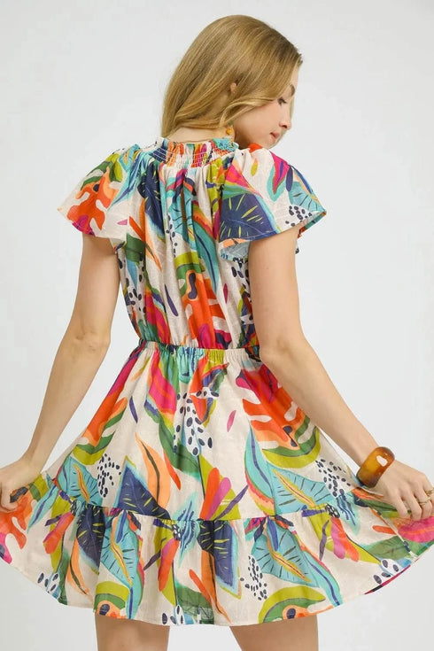 Umgee Printed Tie Neck Ruffled Hem Dress - Fashorio