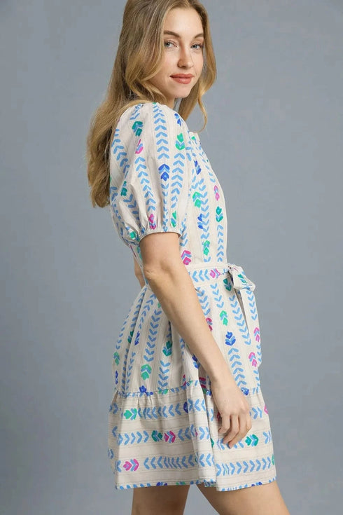 Umgee Printed Tie Waist Puff Short Sleeve Mini Dress - Fashorio