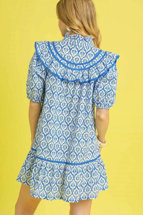 Umgee Ruffled Printed Puff Sleeve Mini Dress - Fashorio