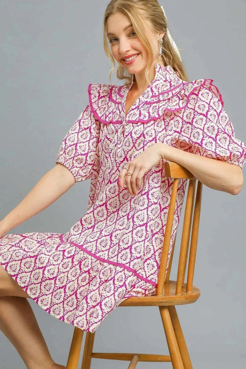 Umgee Ruffled Printed Puff Sleeve Mini Dress - Fashorio