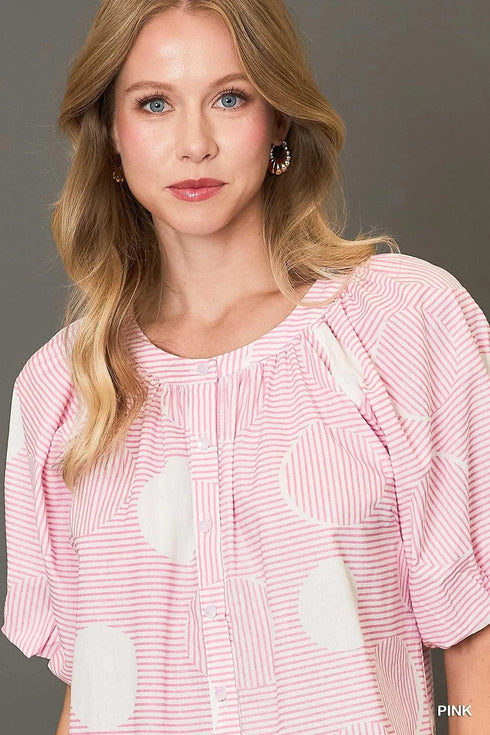 Umgee Stripe and Dot Print Button Down Puff Sleeve Mini Dress - Fashorio