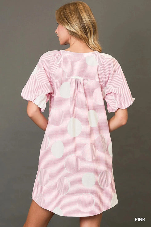 Umgee Stripe and Dot Print Button Down Puff Sleeve Mini Dress - Fashorio