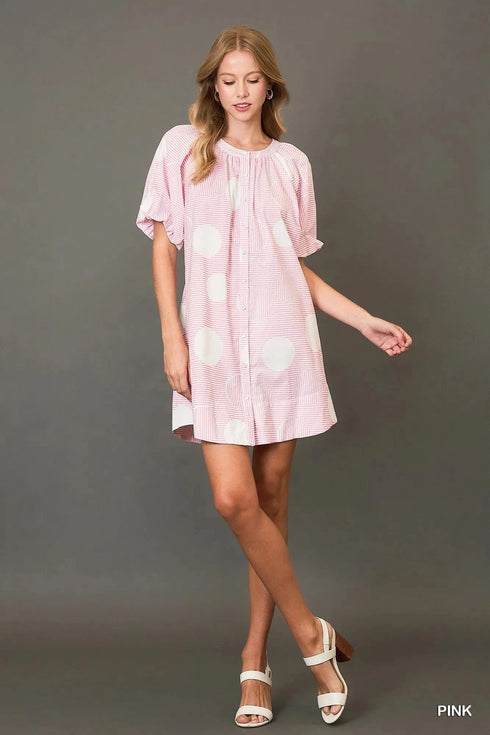 Umgee Stripe and Dot Print Button Down Puff Sleeve Mini Dress - Fashorio