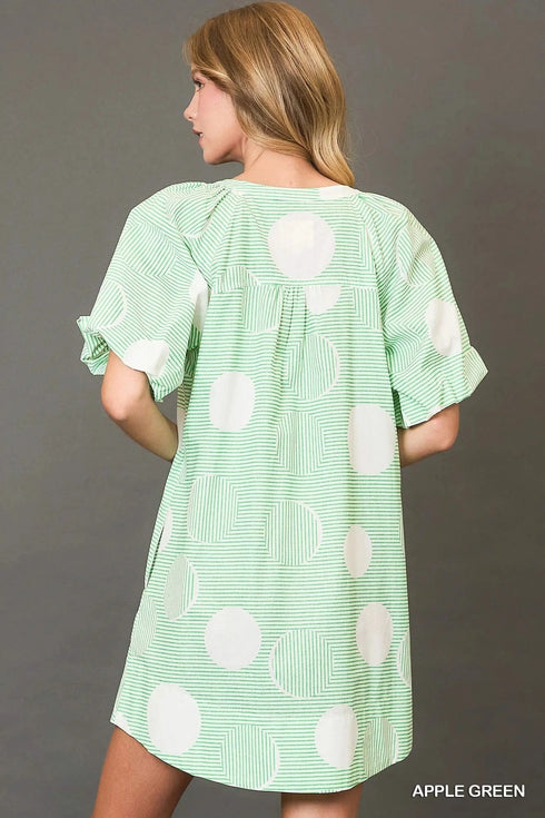 Umgee Stripe and Dot Print Button Down Puff Sleeve Mini Dress - Fashorio