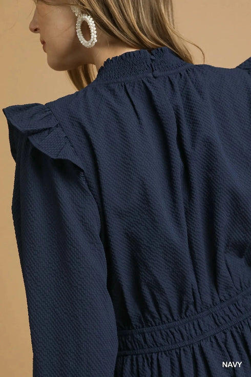 Umgee Textured Midi Dress with Ruffle Shoulder Detail - Fashorio