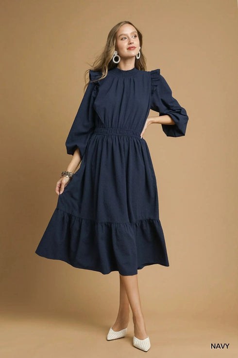 Umgee Textured Midi Dress with Ruffle Shoulder Detail - Fashorio