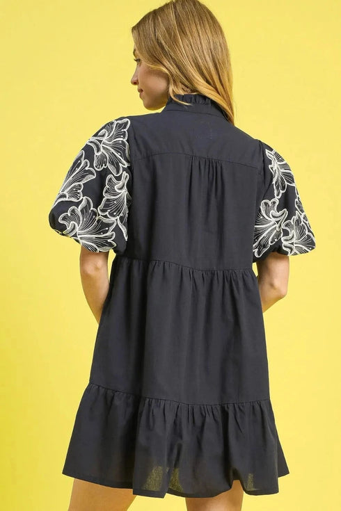 Umgee Tiered Embroidered Puff Sleeve Mini Dress - Fashorio