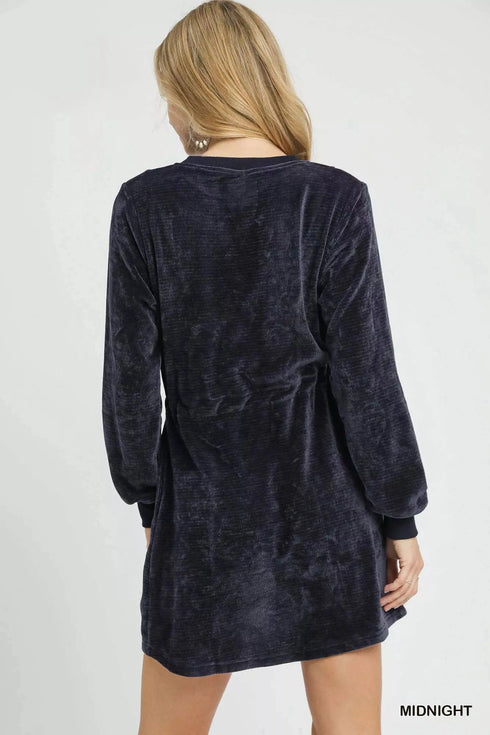 Umgee Velour Drawstring Mini Dress with Long Sleeves - Fashorio